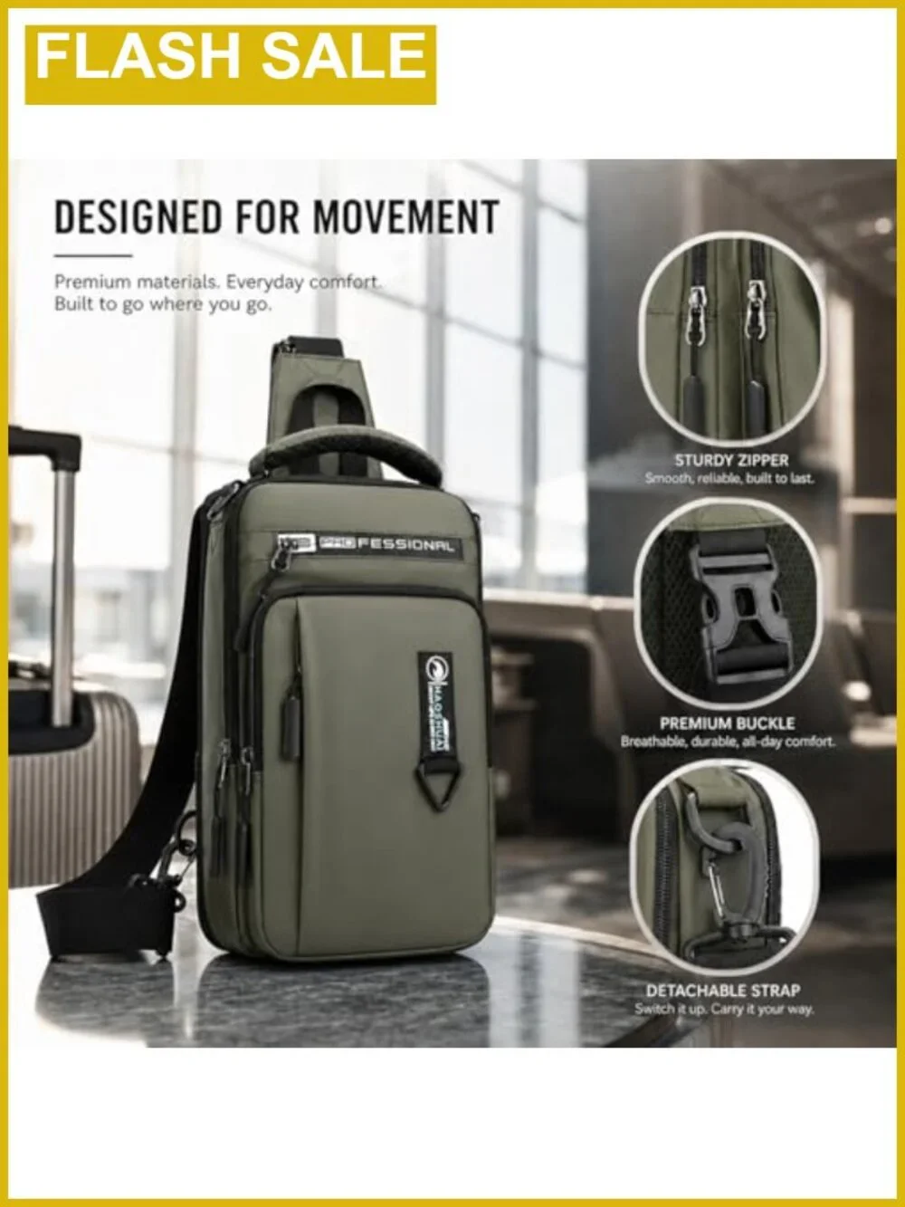 Water Resistant Nylon Sling Crossbody Bag Men Adjustable Travel Daypack